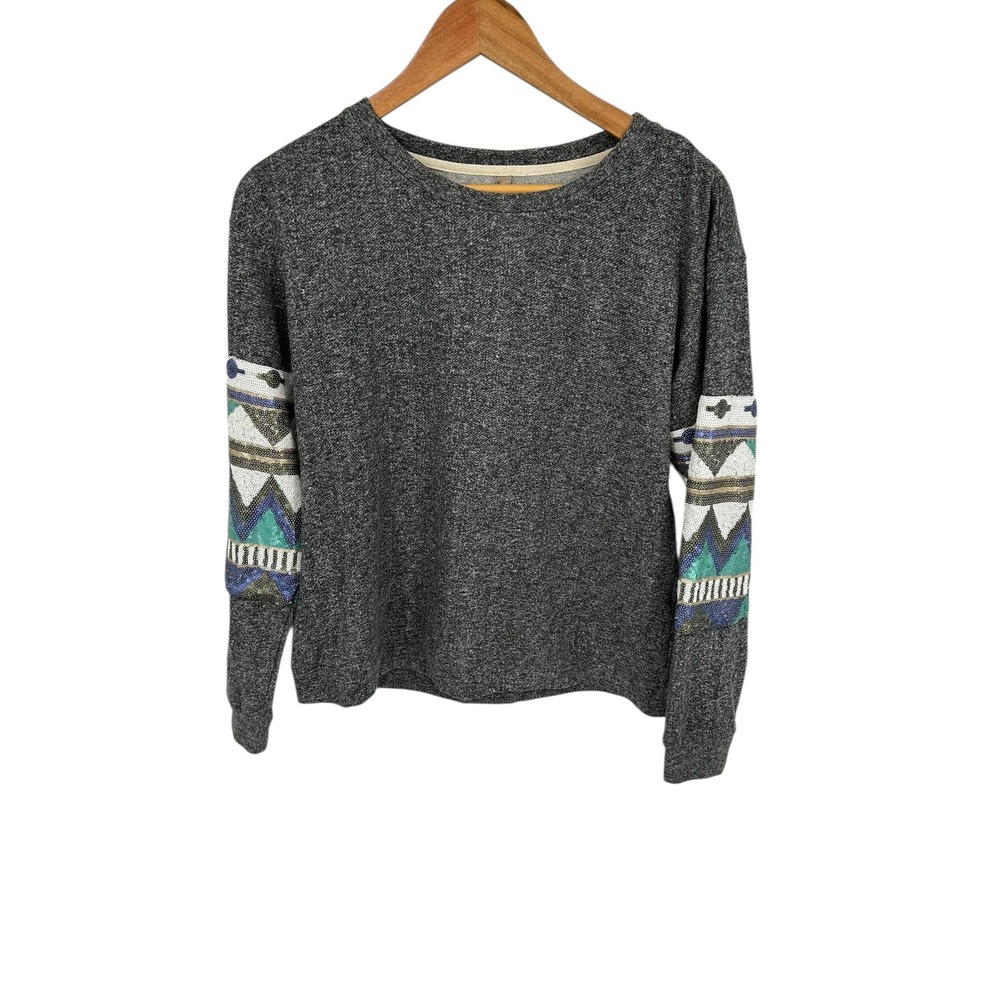 Entro Women Gray Crew Neck Long Sleeve Sequin Geometric Pattern Sweatshirt Top S